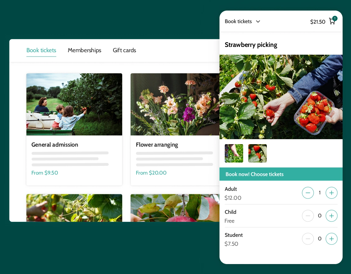 U-pick ticketing software booking journey on desktop